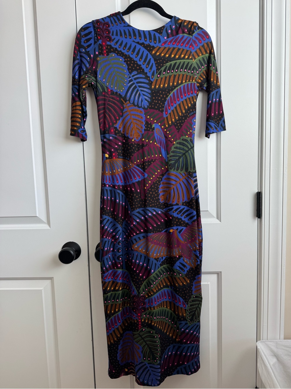 FARM Rio Dark Tropical Birds & Leaves Bodycon Midi Dress | Size S